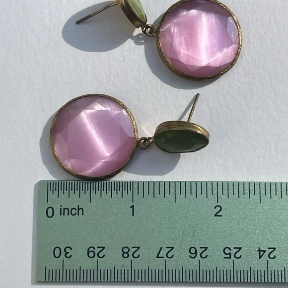 Pink and green stone Gold Drop dangle Earrings artisan vintage - Picture 4 of 11
